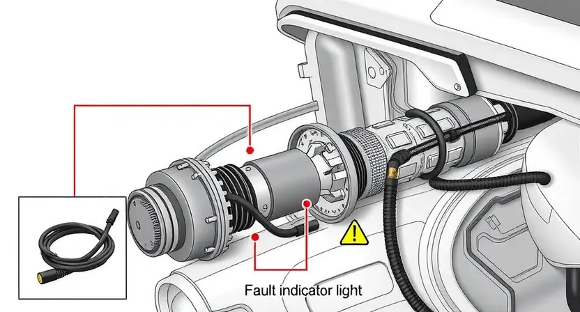 A detailed technical illustration of a car's body position sensor with visible wiring and connectors, showing a fault indicator light and diagnostic tools, clean background, high quality