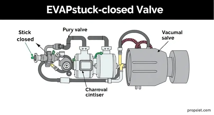 A detailed technical illustration of an automotive EVAP (Evaporative Emission Control) system showing a stuck closed valve, with highlighted components like the purge valve, charcoal canister, and vacuum lines, rendered in a clean, schematic style with labeled parts and arrows indicating flow, no text or numbers on the image