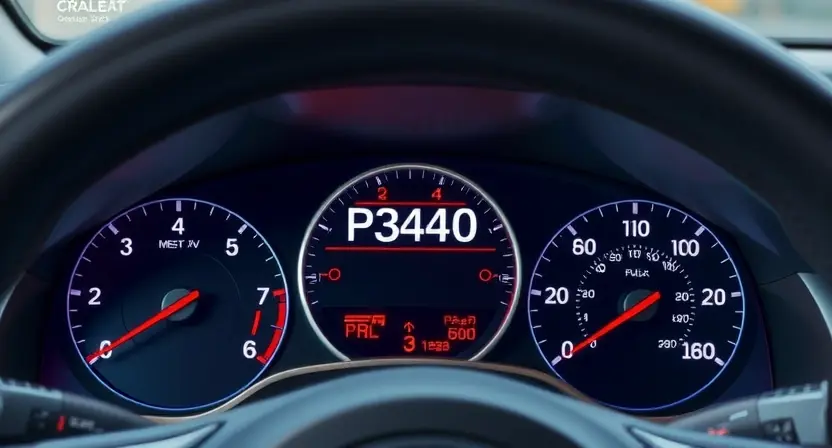 A close-up, detailed illustration of a car's dashboard with a prominent error message 'P3400' displayed on the instrument cluster. The dashboard should be clean and modern, with visible gauges and buttons. Focus on the error message and its location within the dashboard display. The overall lighting should be bright and clear, highlighting the details of the dashboard and the error message. The background should be blurred to keep the focus on the dashboard.