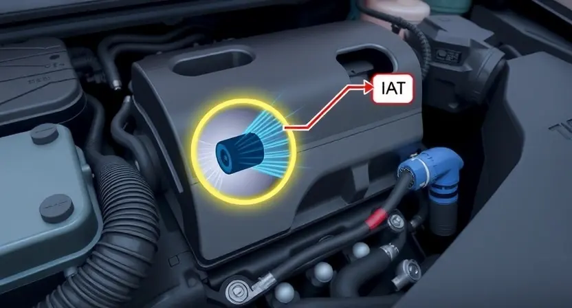A close-up illustration of an engine bay with a clearly visible Intake Air Temperature (IAT) sensor. The sensor should be highlighted with a subtle glow or outline. Include a simplified diagram showing airflow entering the sensor and connecting to the engine control unit (ECU). Focus on the sensor's physical appearance and its location within the engine compartment.