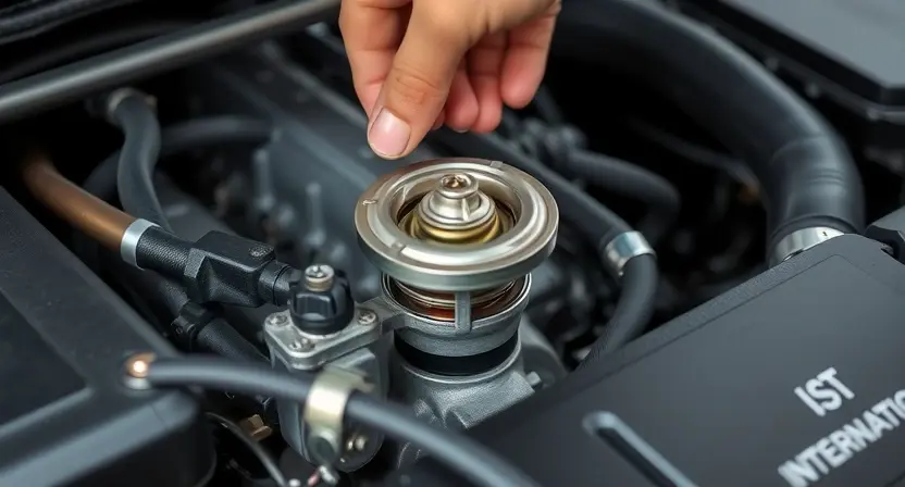 A close-up, detailed image of a car engine bay, specifically focusing on the thermostat housing and coolant hoses. The engine should be clean and well-lit, showcasing the components clearly. A mechanic's hand could be subtly visible, gently touching the thermostat housing, implying inspection or replacement. The overall impression should be one of technical precision and automotive repair.