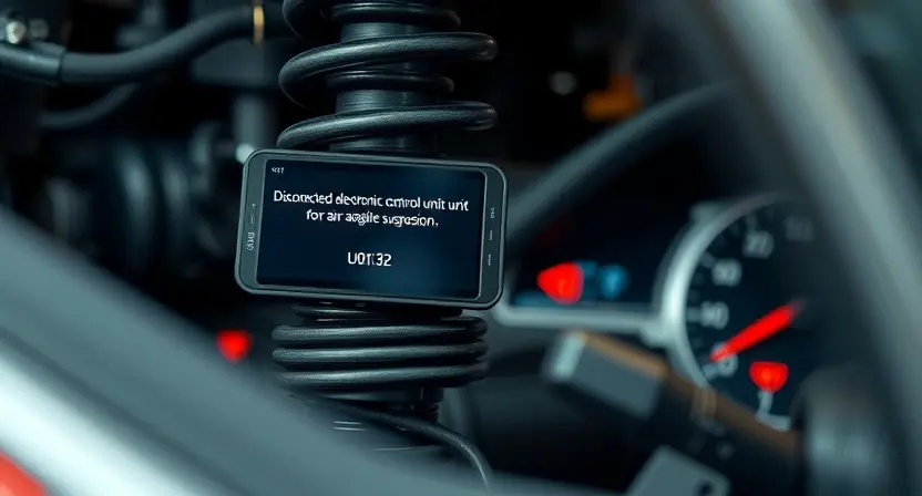 A close-up of a car's suspension system with a diagnostic scanner displaying error code U0132, showing a disconnected or malfunctioning electronic control unit (ECU) for the air or adaptive suspension, with subtle warning lights on the dashboard in the background, realistic automotive repair setting, soft ambient lighting, high detail