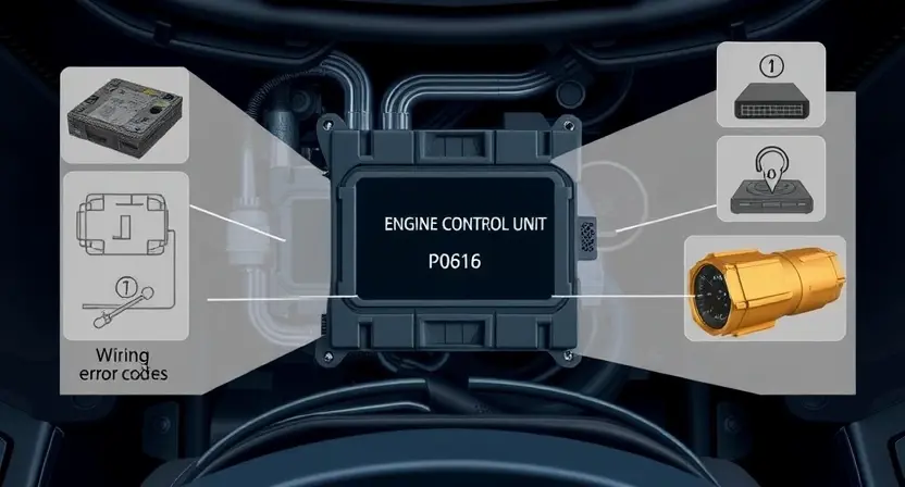 A detailed illustration of a car's engine control unit (ECU) with wiring diagrams and diagnostic tools surrounding it. Focus on the P0616 error code indicator light on the dashboard.