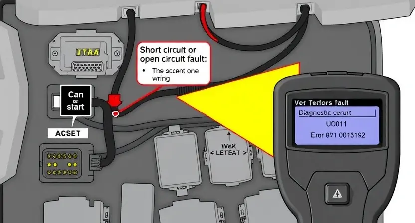 A technical illustration showing a vehicle's CAN bus wiring harness with a short circuit or open circuit fault highlighted, including labeled connectors, wires, and a diagnostic error code U0011 displayed on a diagnostic tool screen, clean technical diagram style