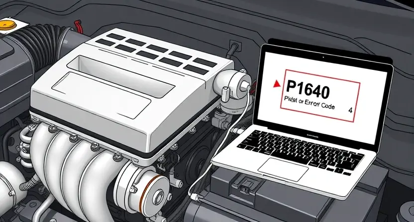 A detailed illustration of a car engine with a highlighted diagnostic error code P1640 displayed on a connected laptop screen. The engine should be clean and well-lit, showcasing various components like the intake manifold, exhaust system, and wiring. The laptop screen should clearly show the error code and a brief description. Focus on the technical aspects of the engine and the diagnostic process.