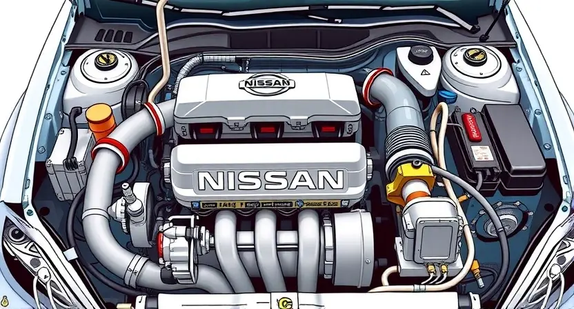 A detailed illustration of a Nissan car engine with a focus on the ignition system. The image should highlight the components related to the ignition system, such as spark plugs, ignition coils, and wiring. The engine should be depicted in a clean and well-maintained condition, with a clear view of the ignition system components. The background should be a simple, neutral color to keep the focus on the engine and its components.