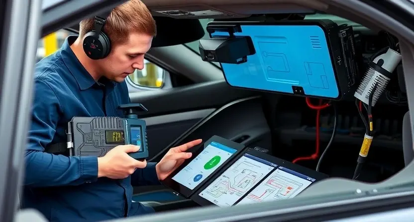 A professional automotive repair scene showing a technician diagnosing a vehicle's Body Control Module (BCM) with a diagnostic scanner, wiring diagrams on a tablet, and a car interior with visible wiring harnesses, clean lighting, technical atmosphere