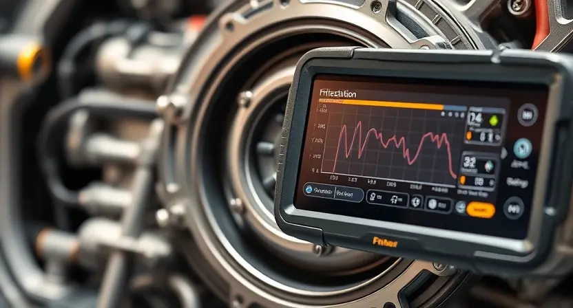 A detailed, high-quality image depicting a close-up of a transmission's friction element (E) with a diagnostic scanner being used to analyze it. The scanner's display should show relevant data related to the friction element's condition. The background should be a clean, technical environment, possibly a workshop or laboratory. Focus on the intricate details of the friction element and the scanner's interface.