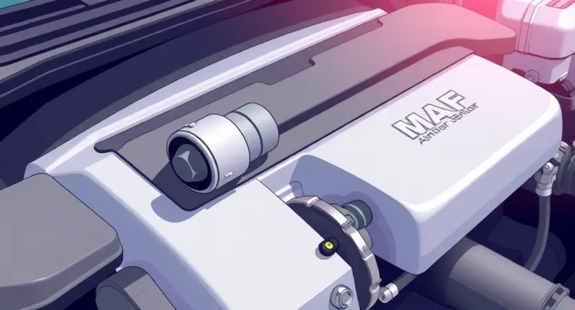 A detailed illustration of a car's engine bay, focusing on the mass airflow sensor (MAF sensor). The MAF sensor should be clearly visible, with surrounding engine components subtly in focus. The overall lighting should be bright and clean, highlighting the sensor's details.