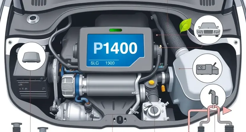 A detailed technical illustration showing a car engine with visible error code P1400 displayed on a diagnostic scanner screen, surrounded by symbols of exhaust emissions, oxygen sensors, and catalytic converter components, with subtle environmental elements like clean air and green leaves in the background to represent ecological impact, all rendered in a clean, professional, high-resolution technical diagram style