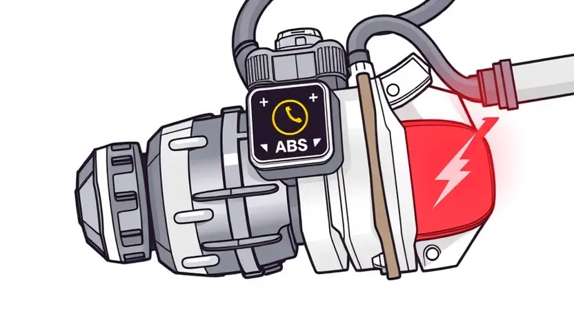 A high-quality technical illustration showing a car's ABS pump with a warning indicator for low voltage, clean white background, detailed mechanical components, no text or numbers on the image