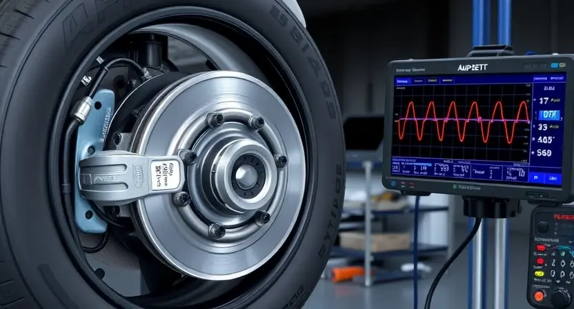 A technical illustration of a vehicle wheel speed sensor (ABS sensor) with visible wiring and magnetic pickup near a brake rotor, showing signal waveform on an oscilloscope display with values outside the normal range highlighted in red, set in a clean automotive workshop environment with tools and diagnostic equipment nearby