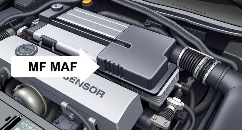 A detailed illustration of a car's engine bay with a focus on the mass airflow sensor (MAF sensor). The MAF sensor should be clearly highlighted with an arrow. The engine should appear clean and well-maintained. Include subtle background elements of other engine components, but keep the focus on the MAF sensor.