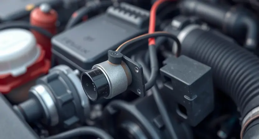 A close-up illustration of a car engine bay, highlighting the throttle position sensor and its wiring. The sensor should be clearly visible, with wires connecting it to the engine control unit (ECU). Focus on the electrical connections and the sensor's physical form. The background should be slightly blurred to emphasize the sensor.