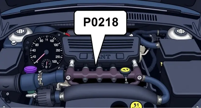 A detailed illustration of a car's engine bay, focusing on the P0218 error code indicator light. The image should clearly show the dashboard with the illuminated light, along with relevant engine components like the intake manifold, fuel rail, and injectors. The overall aesthetic should be clean and informative, suitable for a technical guide.