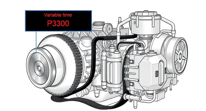 A detailed technical illustration of a car engine's variable valve timing system, showing camshaft, timing belt or chain, solenoids, and ECU connections, with diagnostic error code P3300 displayed on a digital dashboard screen in the background, clean white background, professional automotive repair manual style, no text or labels on the image