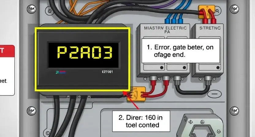 A detailed illustration of an electrical panel with a highlighted P2A03 error code displayed on a digital readout. Wires and connectors are visible, showing potential areas of concern. Focus on clarity and technical accuracy.