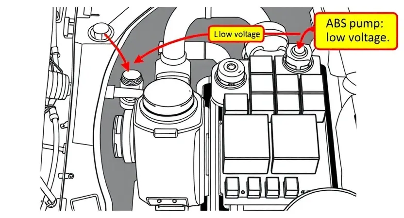 A high-quality technical illustration showing a car's ABS pump with a warning sign indicating low voltage, close-up view of fuse box and relay components, clean lines, technical diagram style, no text or numbers on image