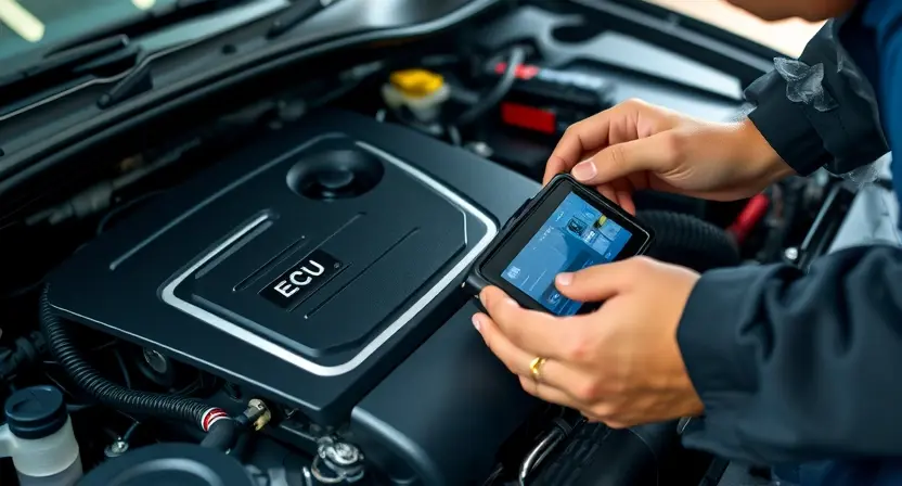 A close-up, detailed image of a car engine bay with a mechanic inspecting the engine control unit (ECU). The ECU is clearly visible, and the mechanic is using a diagnostic tool connected to it. Focus on the engine components and the diagnostic interface. The overall lighting should be bright and professional, highlighting the technical aspects. Emphasis on the connection between the mechanic and the ECU.