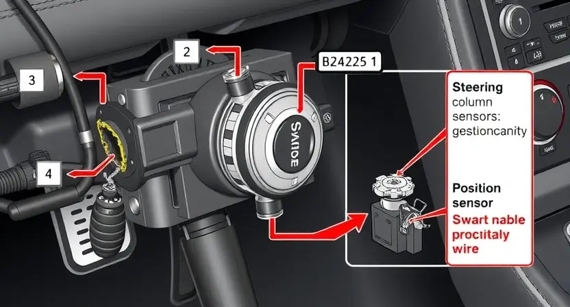 A detailed technical illustration of a vehicle's steering column sensor circuit fault B2251, showing a broken wire harness and a malfunctioning position sensor with visible damage, high-quality engineering diagram, clear labels, realistic lighting, no text or numbers on image