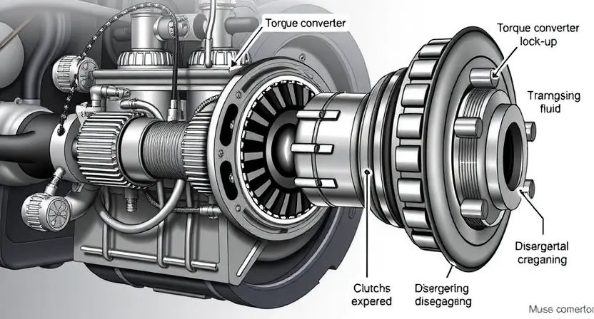 A detailed illustration of a car's transmission system, specifically highlighting the torque converter lock-up clutch. Show the clutch engaging and disengaging, with visual cues representing the fluid flow and mechanical interaction. Include labels for key components like the torque converter, transmission, and clutch.