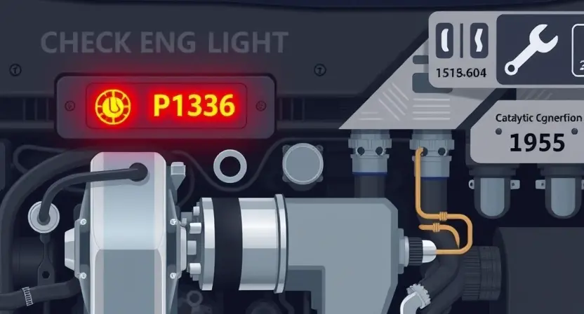 A high-quality technical illustration showing an automotive engine with a glowing check engine light indicating error code P1336, a catalytic converter with visible exhaust flow, and diagnostic symbols like a wrench and code readout, all rendered in clean vector style with technical diagrams and labeled components
