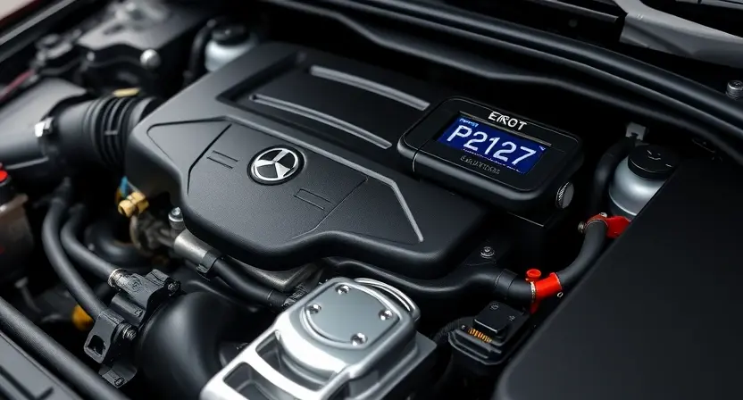 A close-up, detailed illustration of a car engine with a highlighted P2127 error code displayed on a digital dashboard screen. The engine should appear clean and well-maintained. Focus on the engine components and the dashboard display.