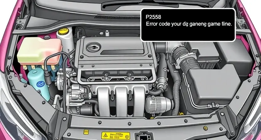 A detailed illustration of a car's engine bay with a highlighted error code P2558 displayed on a diagnostic screen. The engine should be partially disassembled to show relevant components. Focus on clarity and technical accuracy.