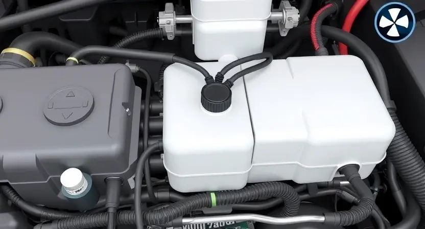 A close-up, detailed illustration of a car's undercarriage, specifically focusing on the AdBlue tank and its temperature sensor. The sensor should be clearly visible, connected by wiring to the car's electrical system. The surrounding components should be realistically rendered, showing the typical layout of a vehicle's engine compartment. The overall lighting should be bright and even, highlighting the details of the sensor and wiring.