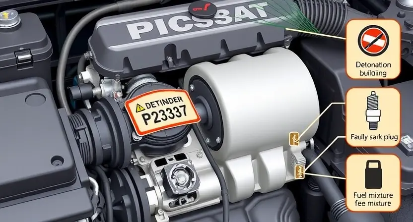A high-quality technical illustration showing a car engine with a highlighted cylinder #2, displaying a warning sign or error code P2337, with visual elements indicating detonation causes such as carbon buildup, faulty spark plug, or fuel mixture issues, rendered in the style "HQ-832-448-h"