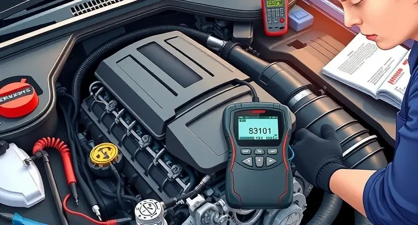 A detailed illustration of a car engine with a diagnostic scanner connected to the OBD-II port, showing error code P3101 on the scanner screen, surrounded by automotive tools like a multimeter, wrench, and service manual, with a mechanic in work gloves examining the system, set in a well-lit garage with soft natural lighting, realistic style, no text or labels visible