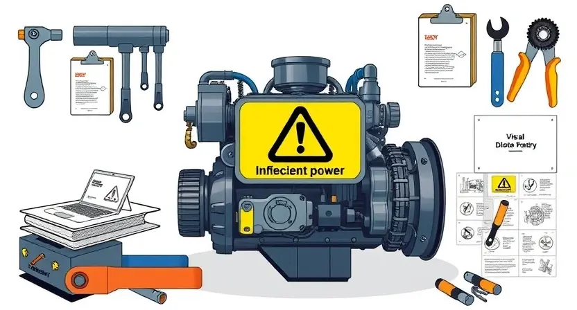 A high-quality technical illustration showing a diesel engine with a warning sign indicating insufficient power, surrounded by tools and manuals, clean background, detailed mechanical parts, professional documentation style