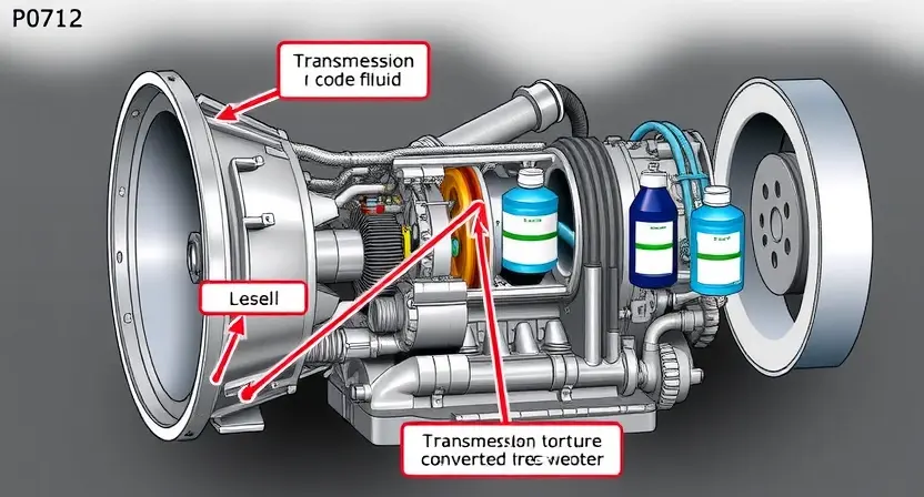 A detailed illustration of a car's transmission system, highlighting the potential issue indicated by code P0712. Include visual representations of the torque converter, transmission fluid, and related components. Focus on conveying the complexity of the system and the potential for internal problems.