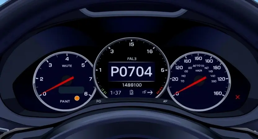 A detailed illustration of an automotive dashboard showing a P0704 diagnostic trouble code illuminated. The dashboard should include various gauges, warning lights, and a clear display of the error code. The background should be a realistic depiction of a car interior.