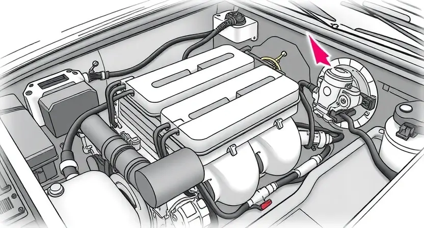 A detailed illustration of a car's engine bay, focusing on the heater core and its associated wiring and hoses. The image should clearly depict the heater core, its connections to the engine, and the wiring harness related to the heater control system. Include visual cues indicating a potential issue, such as a slightly discolored or damaged component.