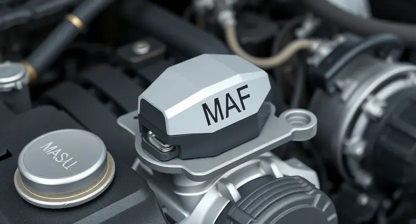 A close-up, detailed illustration of a car's engine bay, specifically highlighting the mass airflow sensor (MAF sensor). The sensor should be clearly visible, with surrounding engine components in focus but slightly blurred to emphasize the MAF sensor. The overall lighting should be bright and clean, showcasing the sensor's physical attributes.