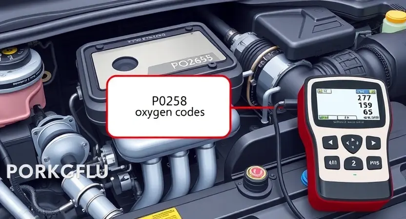 A detailed illustration of a car engine with a diagnostic tool connected to it, highlighting the P0258 error code indicator. The engine should be well-lit and show various components like the catalytic converter and oxygen sensors.