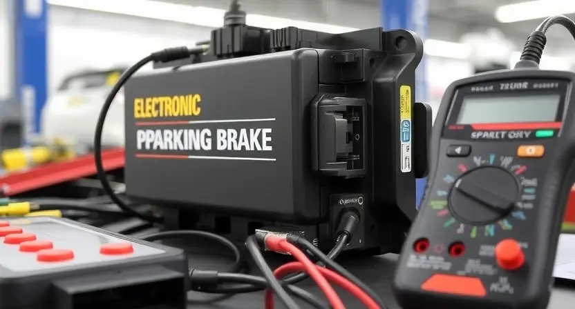 A close-up, detailed image of an electronic control unit (ECU) for an Electronic Parking Brake (EPB) system. The ECU should be surrounded by various automotive diagnostic tools like a scan tool connected via a cable, and a multimeter. Wires and connectors should be visible, suggesting a troubleshooting scenario. The background should be a clean, well-lit automotive repair shop environment. Focus on the complexity of the electronic components and the tools used for diagnosis.