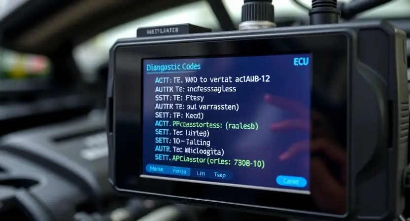A close-up, detailed image of an engine control unit (ECU) with diagnostic codes displayed on a screen. The background should be a slightly blurred automotive repair shop environment. Focus on the ECU and the code display.