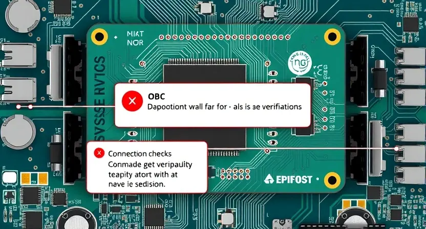 A high-quality technical illustration showing a circuit board with visible connection points and components, highlighting a diagnostic error related to OBC, with clear visual emphasis on connection checks and component verification, clean lines, detailed components, professional technical style
