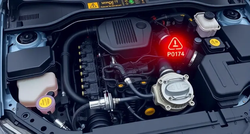 A detailed illustration of a car's engine bay, focusing on the fuel system. Include a visual representation of the P0174 error code light illuminated on the dashboard. Show various components like the fuel injectors, fuel pump, and intake manifold. The engine should be in a slightly angled perspective, highlighting the complexity of the system.