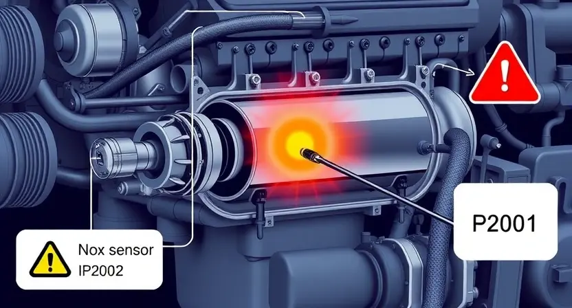 A high-quality technical illustration showing a diesel engine exhaust system with a glowing NOx sensor in cylinder bank 2, surrounded by warning symbols and error code P2001, clean technical diagram style, precise details, no text or numbers on image
