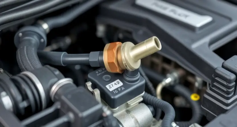 A close-up of a car engine bay with a focus on the engine coolant temperature sensor. The sensor should be clearly visible, and the surrounding engine components should be detailed but not distracting. The overall lighting should be bright and clean, highlighting the sensor's physical appearance.