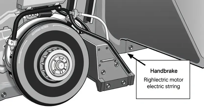 A detailed illustration of a car's handbrake system, specifically highlighting the right electric motor and its associated wiring. The image should show a cross-section or exploded view to clearly depict the components and their connections. Focus on the motor itself, the wiring harness, and any relevant sensors or actuators. The background should be a clean, neutral color to emphasize the mechanics.