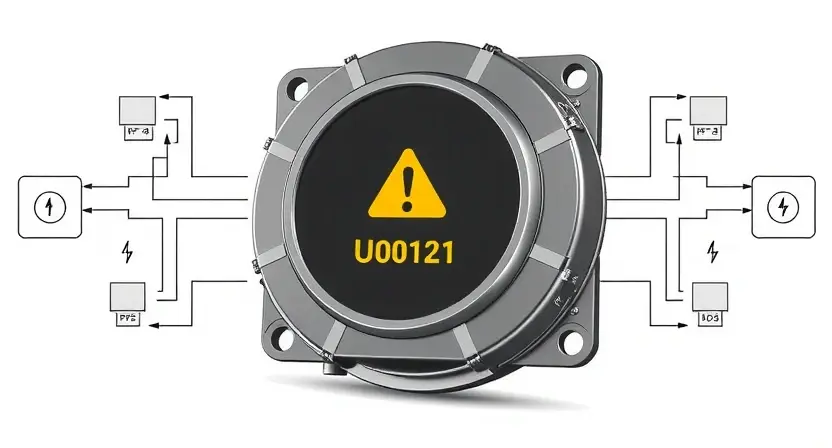 A high-quality technical illustration showing an automotive anti-lock braking system (ABS) module with a clear warning sign or indicator light representing error code U0121, surrounded by subtle circuit diagrams and connection lines to emphasize lost communication with the control module, clean white background, professional engineering diagram style, no text or numbers visible on the image