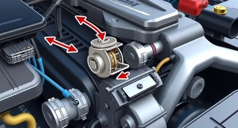 A detailed illustration of an automotive engine with a focus on the electronic thermostat and its surrounding components. The thermostat should be clearly visible, with arrows indicating its flow direction. Wiring and sensors connected to the thermostat should also be depicted. The engine should be in a realistic, slightly exploded view, showcasing the internal parts.