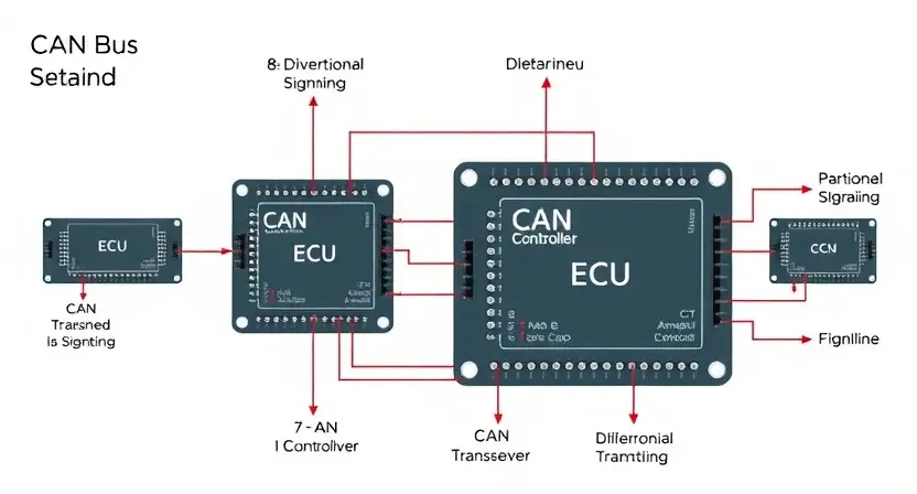 A detailed diagram illustrating a CAN (Controller Area Network) bus system, focusing on the high-speed communication aspects. Show multiple electronic control units (ECUs) connected to the bus, with data packets being transmitted. Highlight the CAN transceiver and the differential signaling. Include labels for key components like the CAN controller, bus termination resistors, and data lines. The background should be clean and uncluttered, emphasizing the technical details of the CAN bus architec