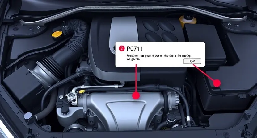 A detailed illustration of a car's engine bay with the P0711 error code highlighted on a diagnostic screen. Focus on the engine components, wiring, and the error message display.