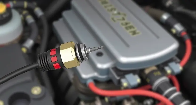 A close-up, detailed illustration of a car's electrical system, specifically focusing on the high-voltage sensor and its wiring. The image should clearly show a broken or disconnected wire leading to the sensor, indicating an open circuit. The background should be a slightly blurred view of the engine compartment. The lighting should be bright and focused on the sensor and wiring.