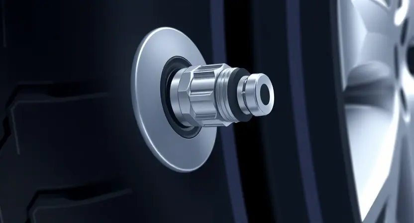 A close-up, detailed illustration of a car tire with a pressure sensor. The sensor should be clearly visible, connected to the tire valve stem. The background should be blurred, suggesting a car interior or garage setting. Focus on the sensor and its connection to the tire.